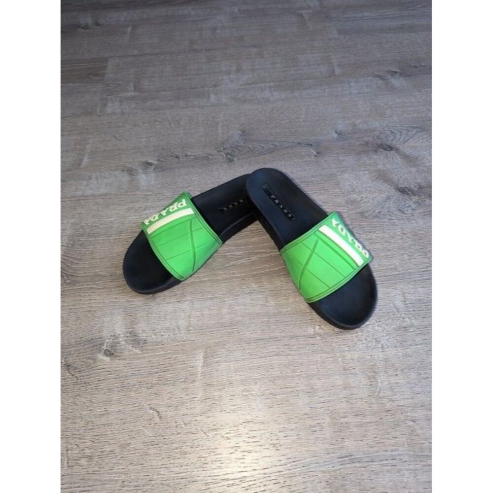 PRADA Men's Black Neon Green Logo Print Rubber Slides Sandals Sz 9